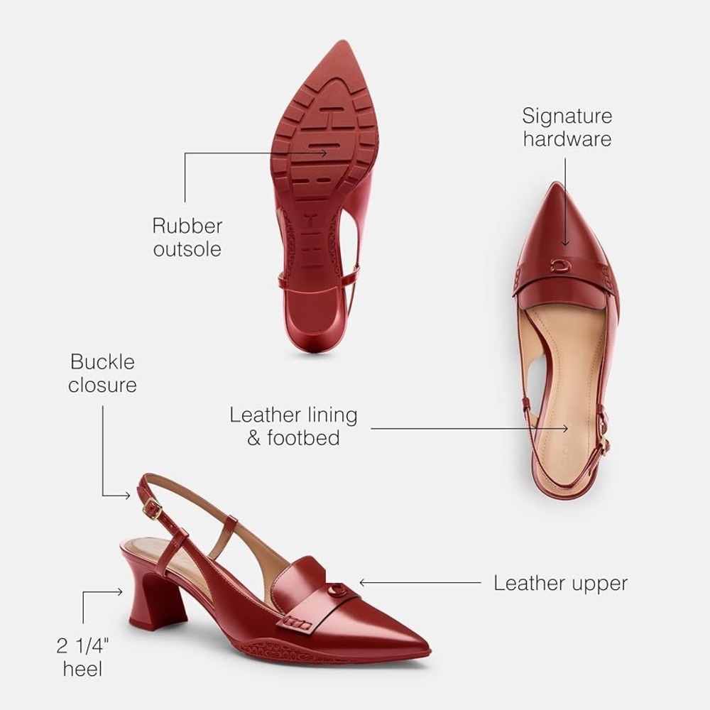 Coach Red Leather Pointed Toe Block Heel Nikola Slingback Pumps size 8.5 NIB - Picture 3 of 6